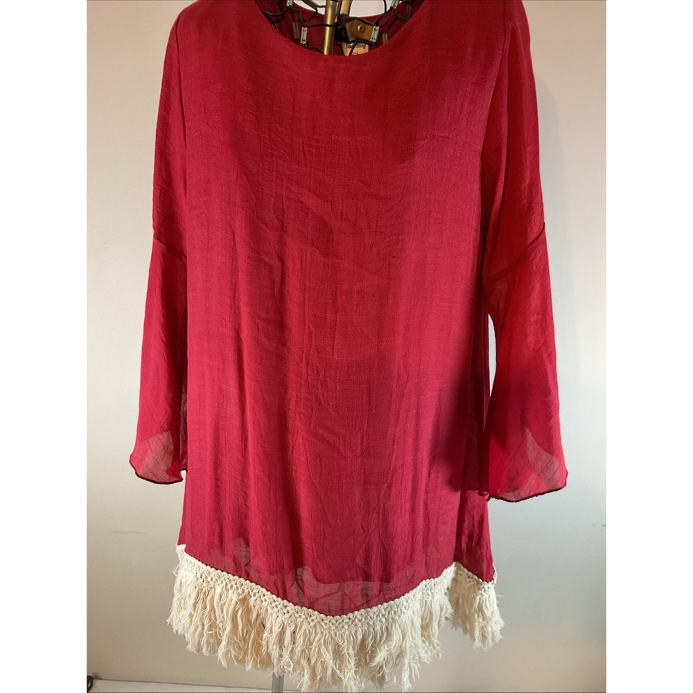 Sassybling Tunic Blouse or Dress 3/4 Sleeves Red w/Ivory Lace Trim Small